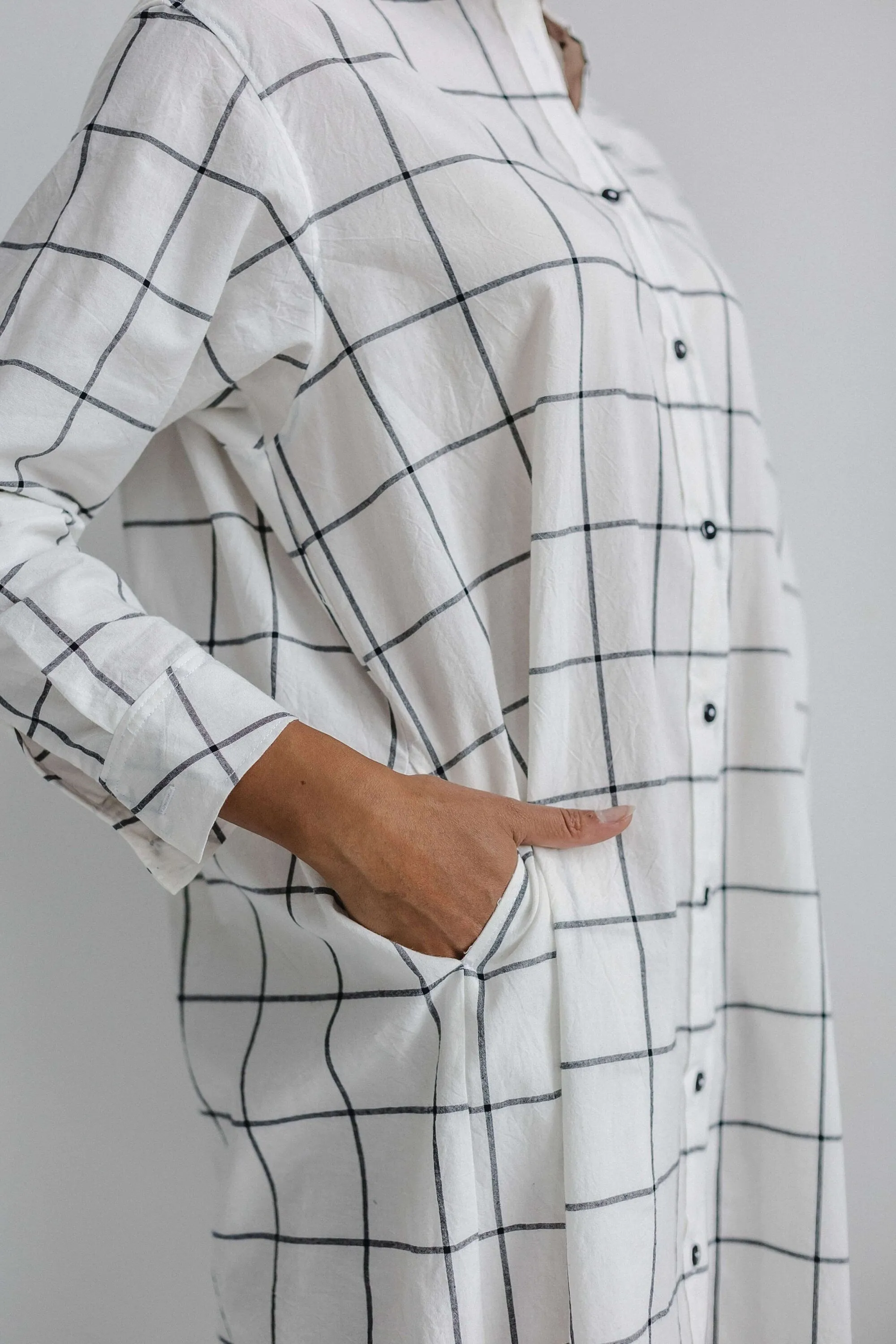 Long Sleeve Sleepdress — Gridded White
