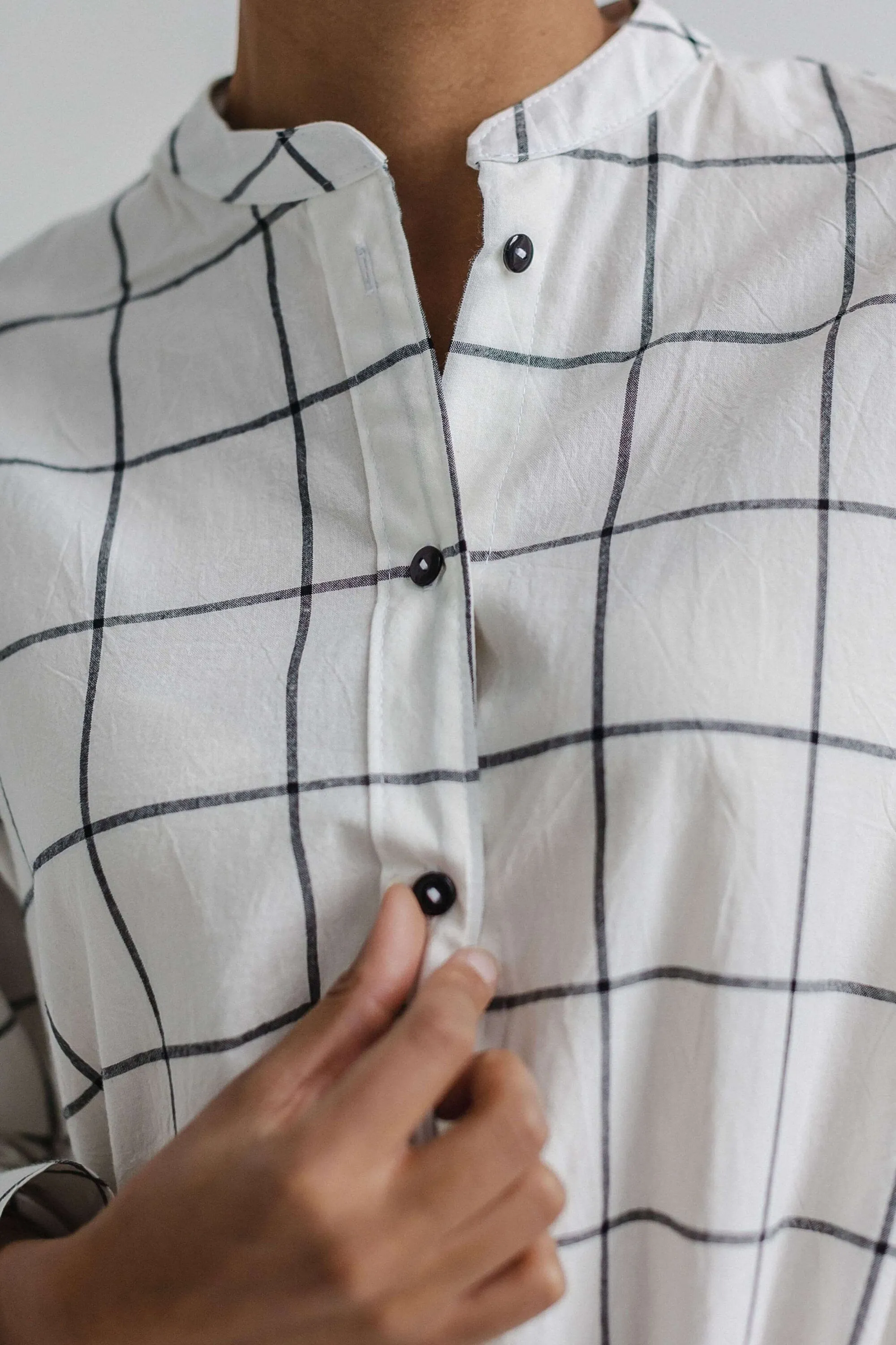 Long Sleeve Sleepdress — Gridded White