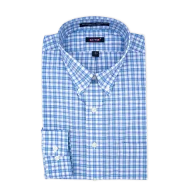 'Max' Blue and Aqua Plaid Long Sleeve Beyond Non-Iron® Cotton Sport Shirt by Batton