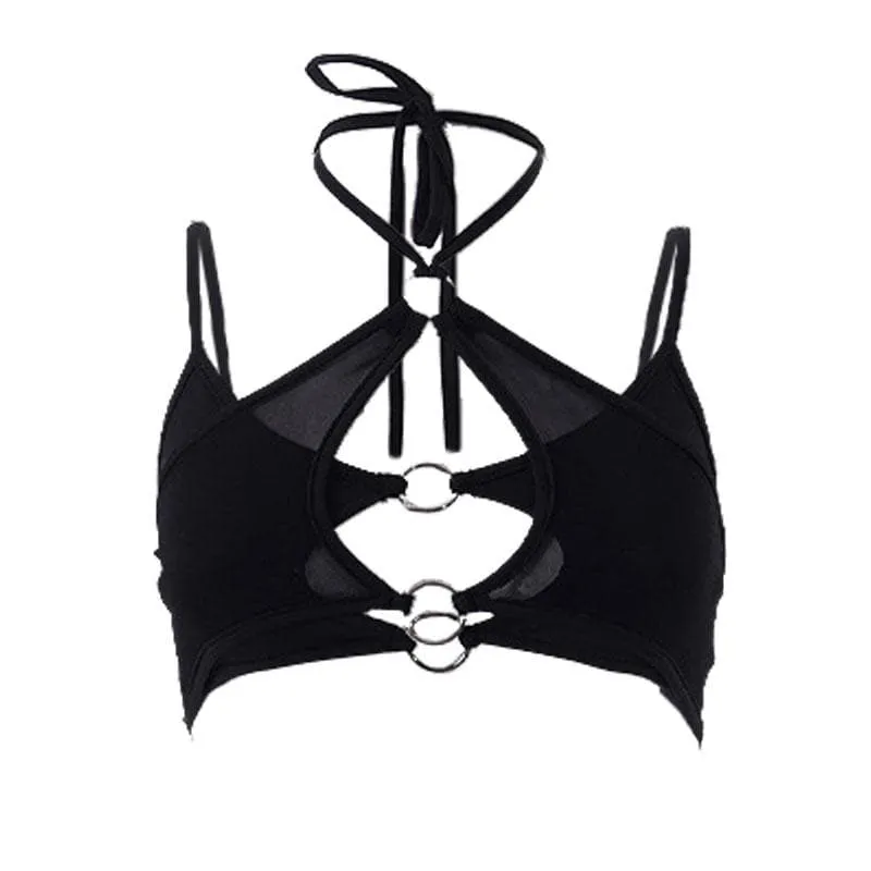 Mesh halter o ring solid hollow out backless patchwork crop cut out top