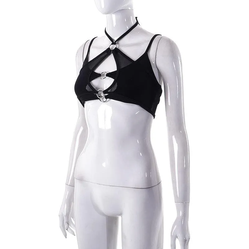 Mesh halter o ring solid hollow out backless patchwork crop cut out top