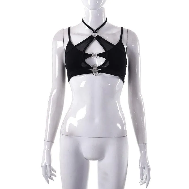 Mesh halter o ring solid hollow out backless patchwork crop cut out top
