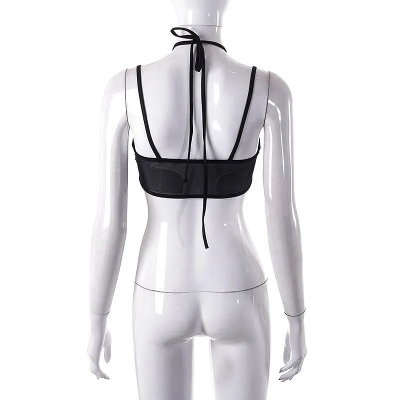 Mesh halter o ring solid hollow out backless patchwork crop cut out top