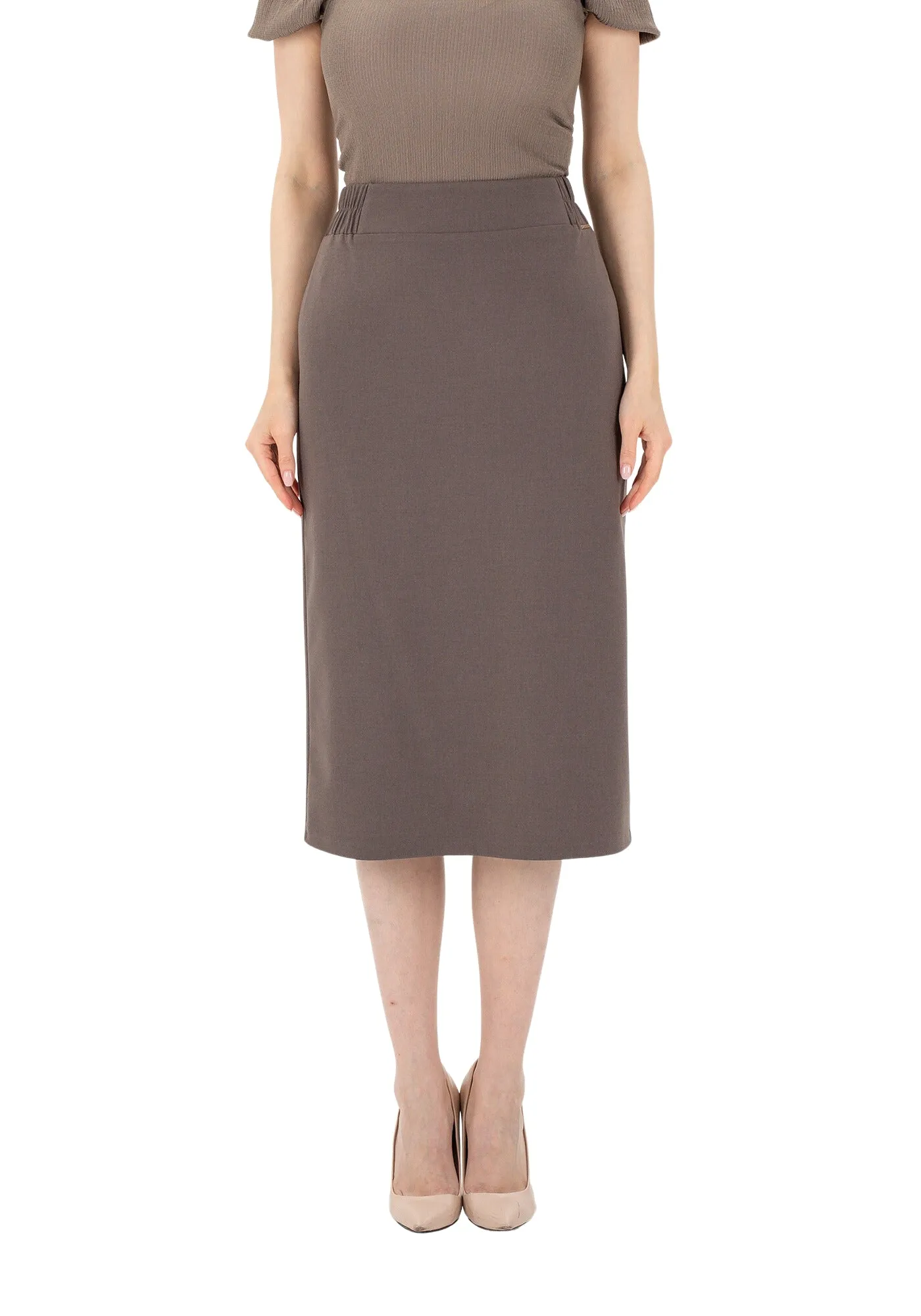 Mink Midi Pencil Skirt with Elastic Waist and Closed Back Vent