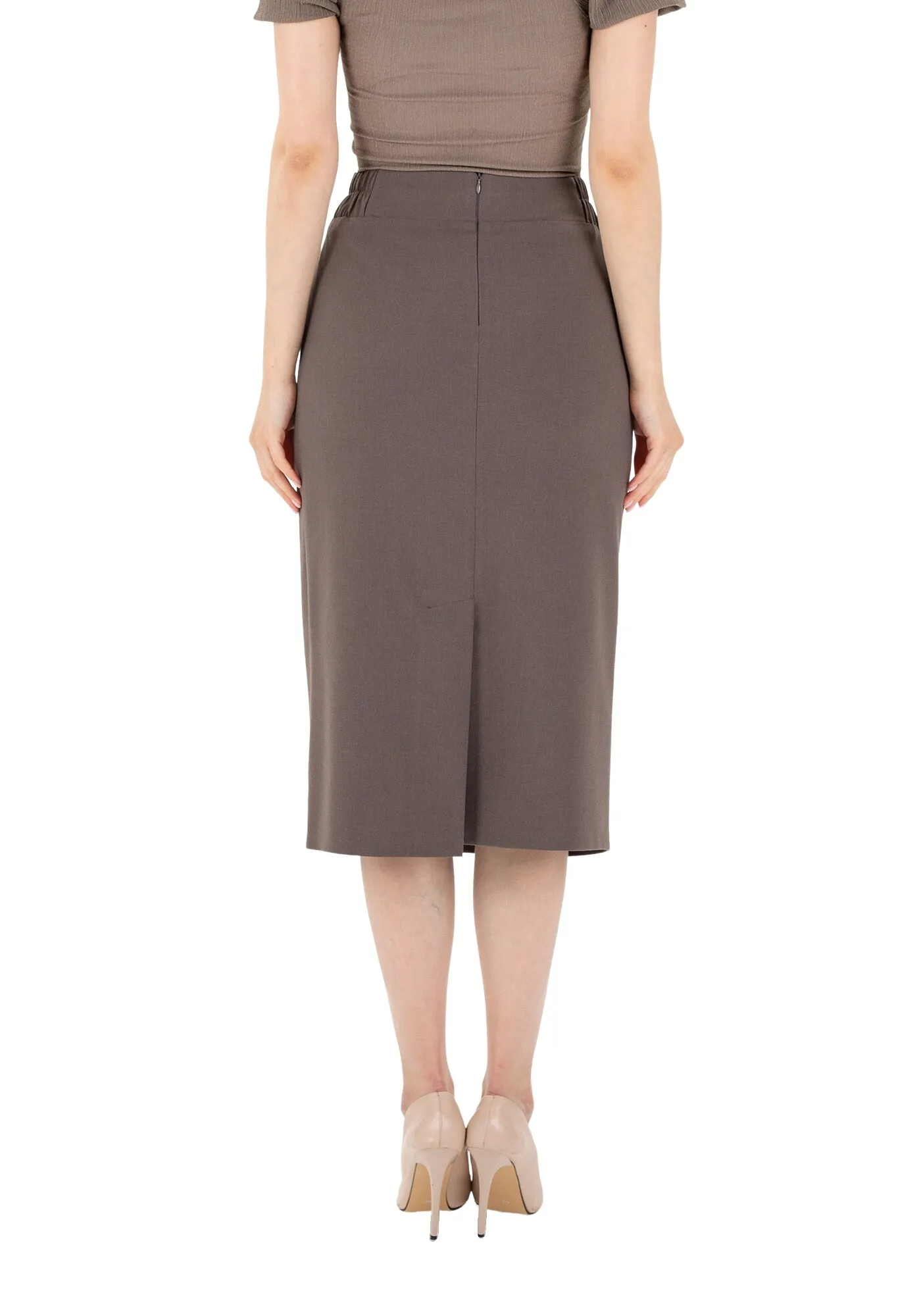 Mink Midi Pencil Skirt with Elastic Waist and Closed Back Vent