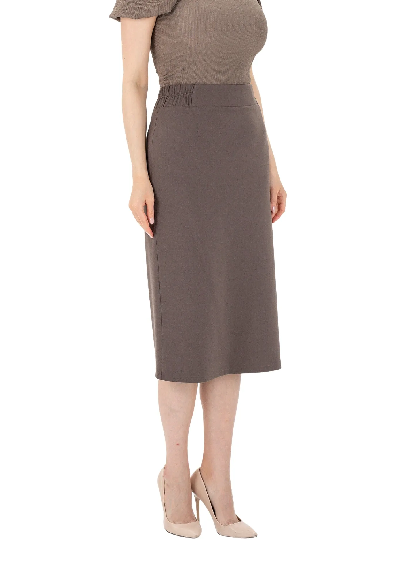 Mink Midi Pencil Skirt with Elastic Waist and Closed Back Vent