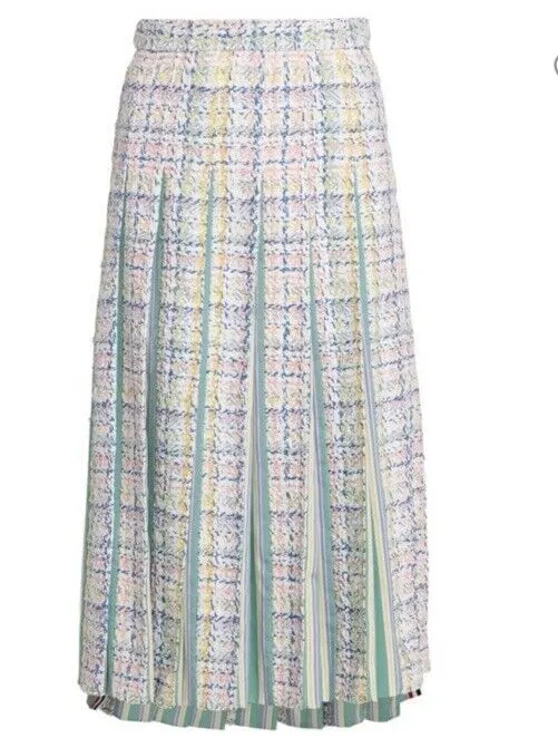 New $3200 Thom Brown Seasonal Pleated Tweed Midi Skirt White/Multi 40/6 Italy