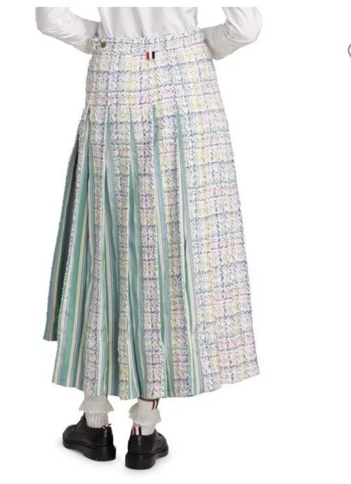 New $3200 Thom Brown Seasonal Pleated Tweed Midi Skirt White/Multi 40/6 Italy
