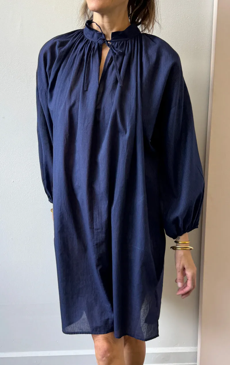New! Tie Neck Dress in Navy Pinstripe