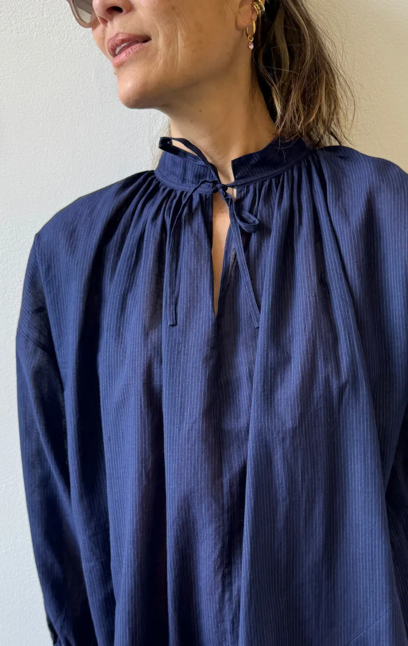 New! Tie Neck Dress in Navy Pinstripe