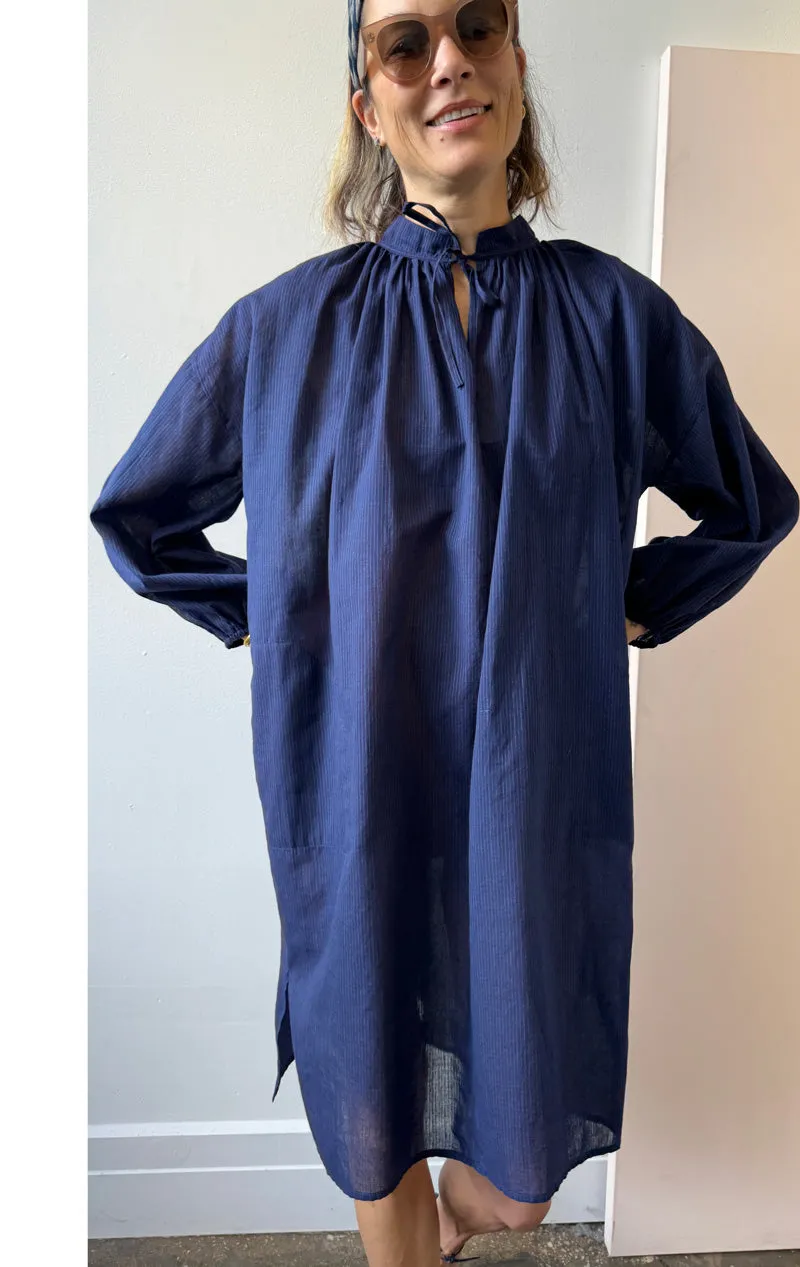 New! Tie Neck Dress in Navy Pinstripe