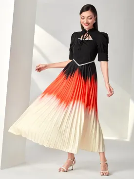Ombre Frill Tie Neck Puff Sleeve Pleated Dress