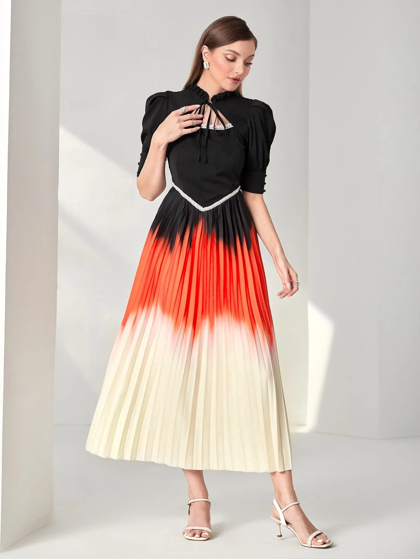 Ombre Frill Tie Neck Puff Sleeve Pleated Dress