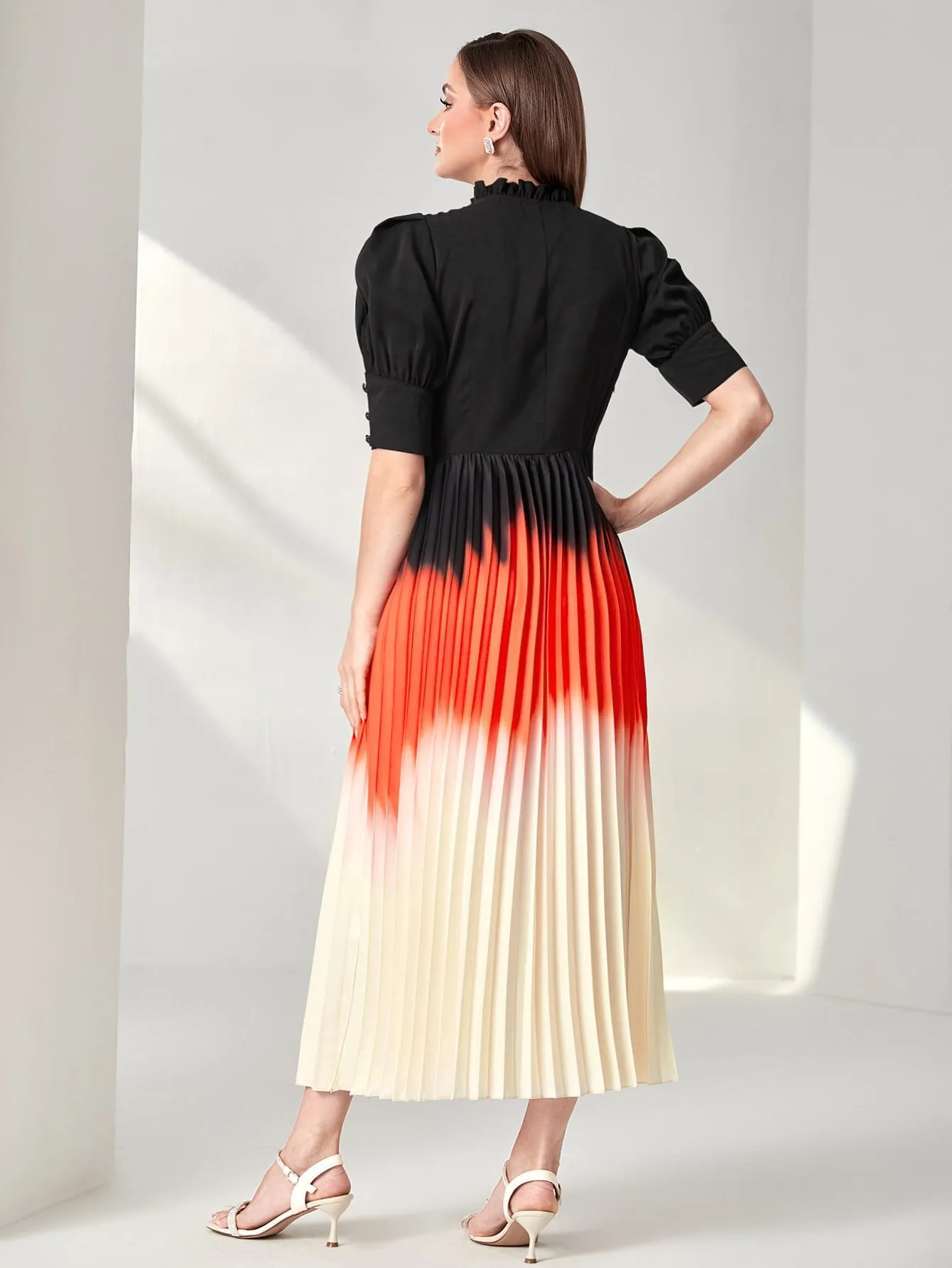 Ombre Frill Tie Neck Puff Sleeve Pleated Dress