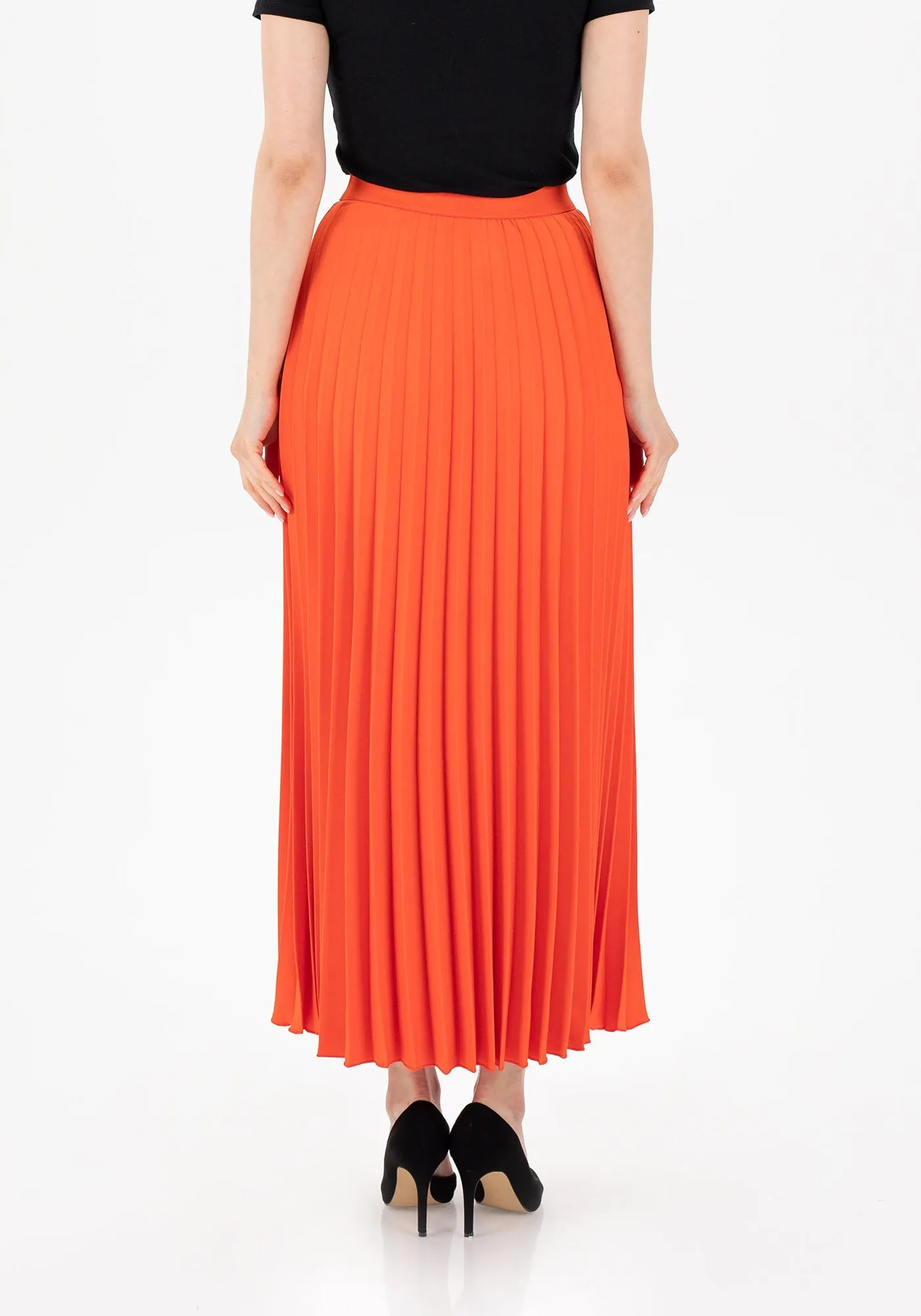 Orange Pleated Maxi Skirt Elastic Waist Band Ankle Length Plisse Skirt