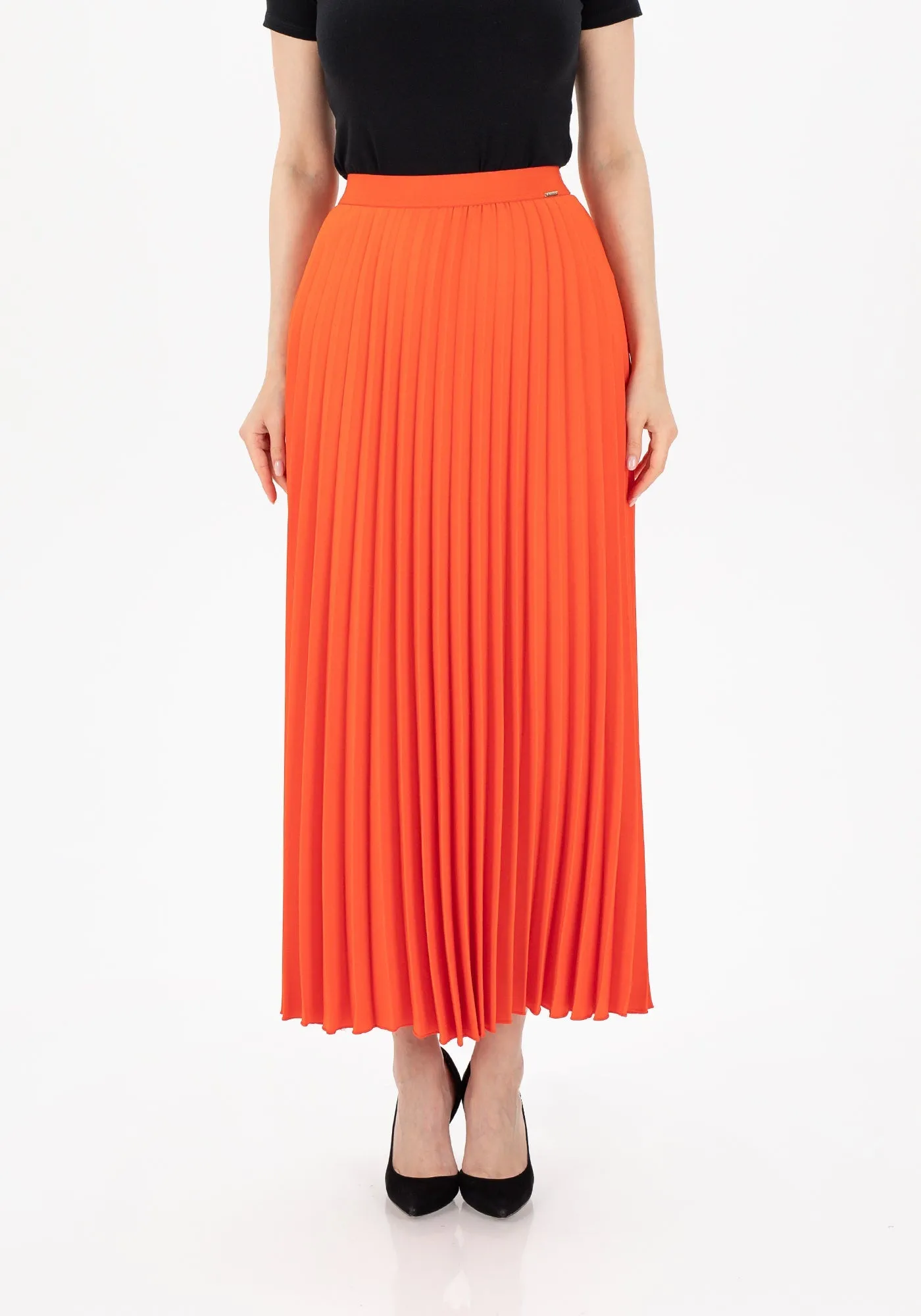 Orange Pleated Maxi Skirt Elastic Waist Band Ankle Length Plisse Skirt