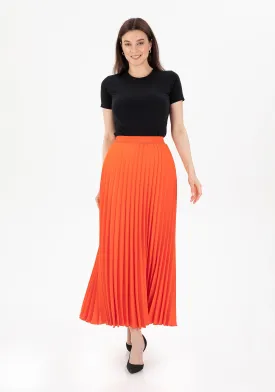Orange Pleated Maxi Skirt Elastic Waist Band Ankle Length Plisse Skirt