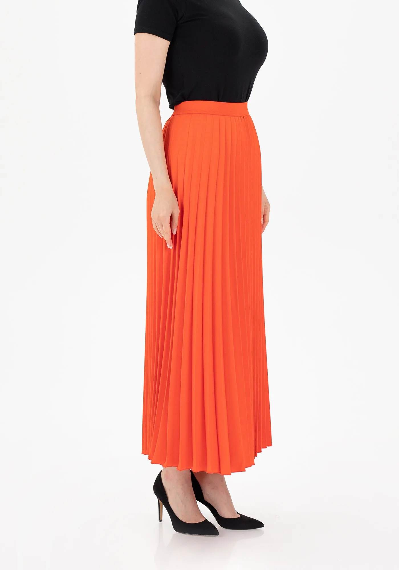Orange Pleated Maxi Skirt Elastic Waist Band Ankle Length Plisse Skirt