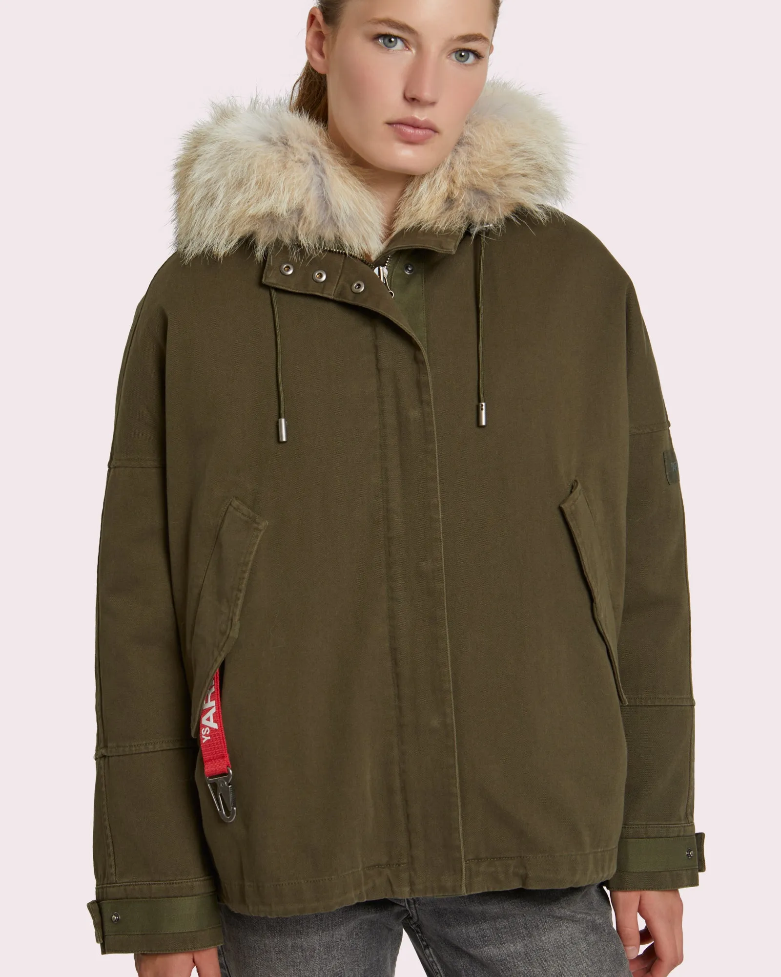 Parka courte classique en coton avec fourrure de renard et lapin