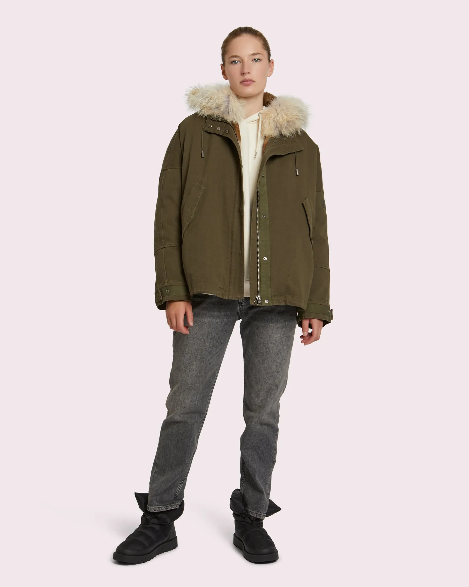 Parka courte classique en coton avec fourrure de renard et lapin