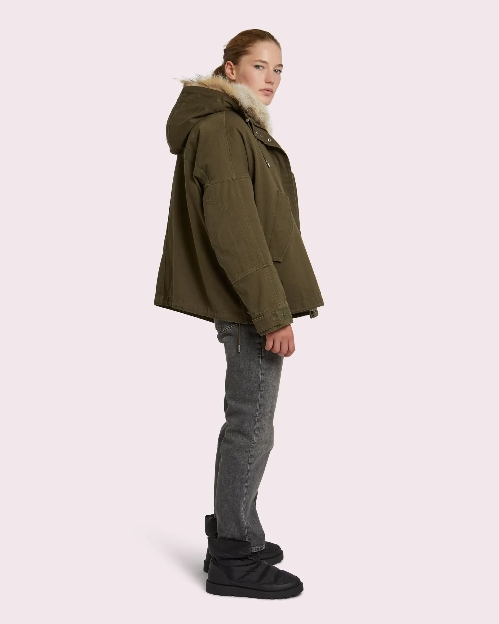 Parka courte classique en coton avec fourrure de renard et lapin
