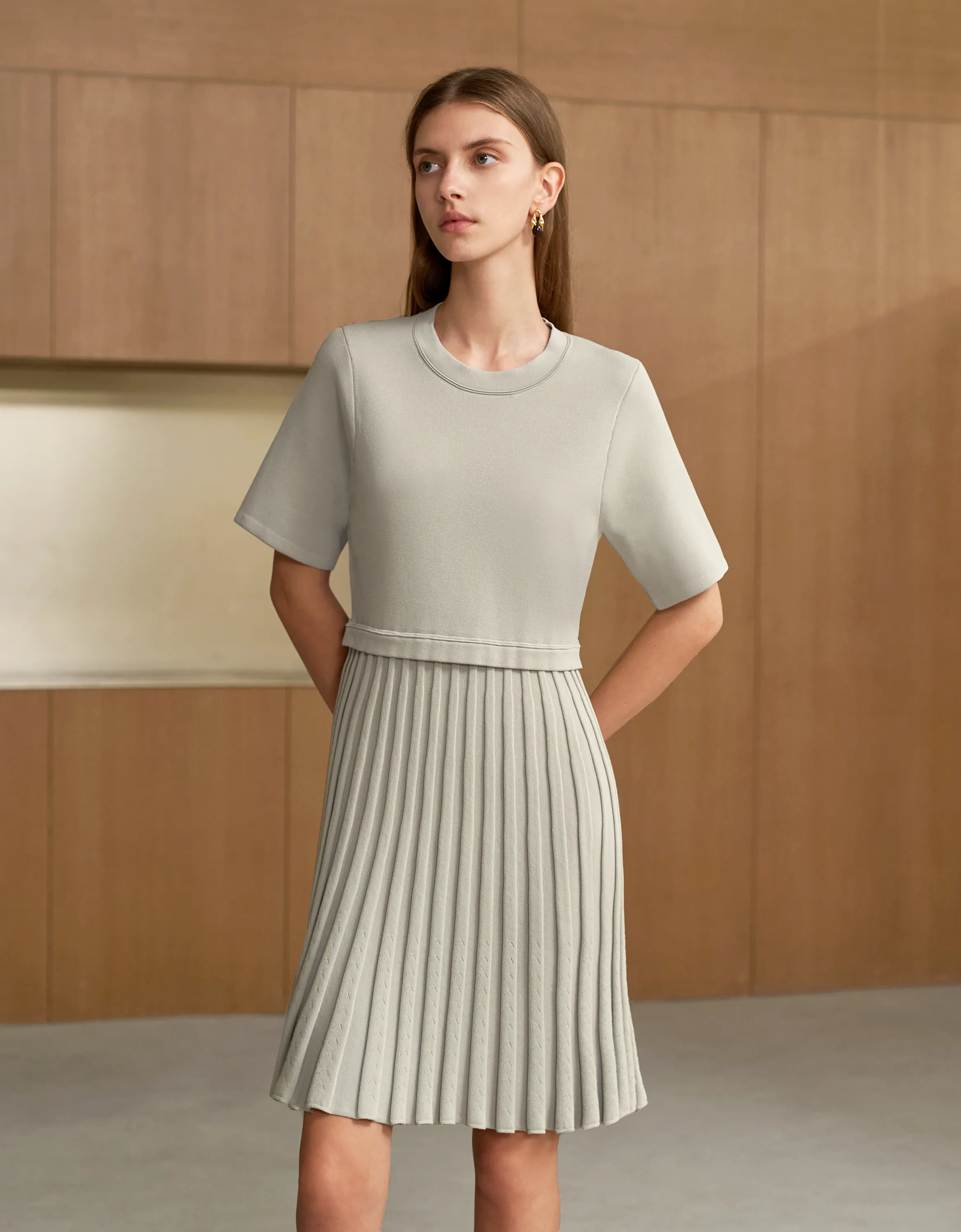 Pleated Skirt Short Sleeve Knit Dress
