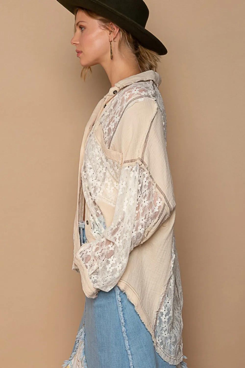 Pol Oversize Lace Button-Down Shirt