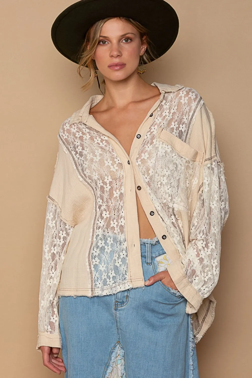 Pol Oversize Lace Button-Down Shirt