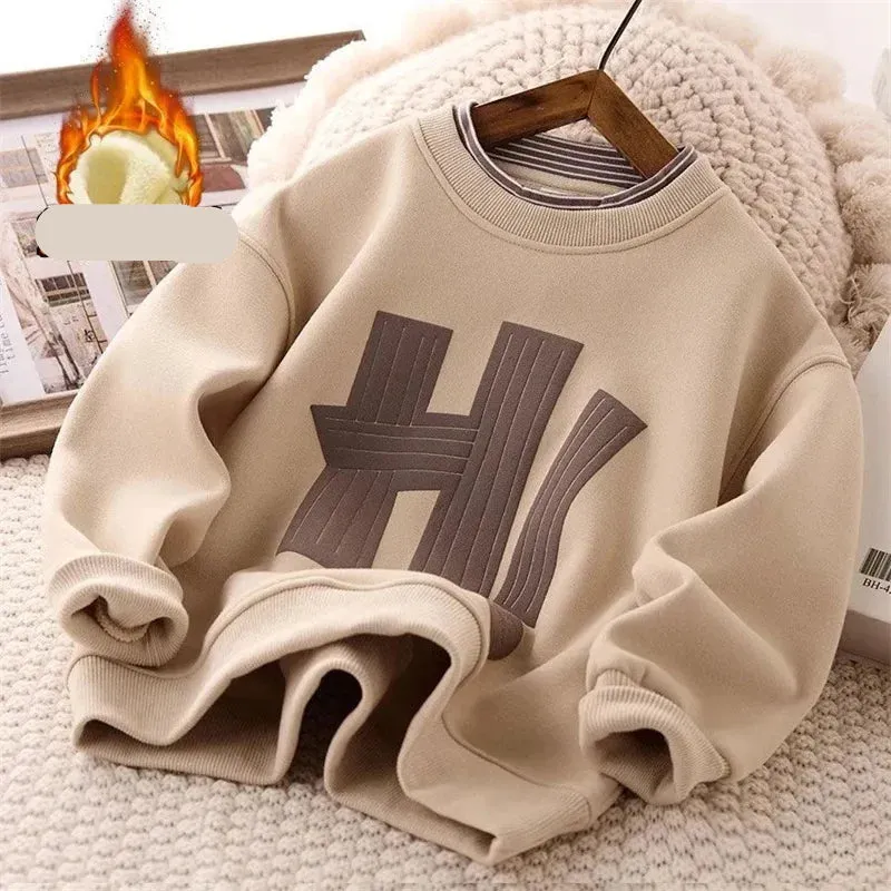 "HI" Letter Printed Kids Boys Warm Fleece Sweatshirts