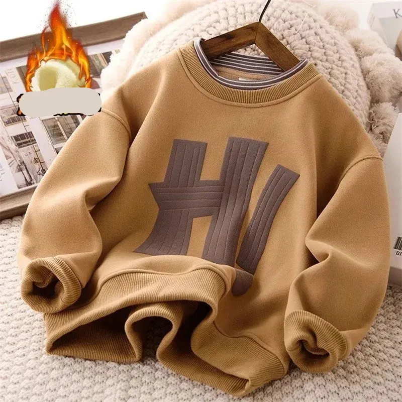 "HI" Letter Printed Kids Boys Warm Fleece Sweatshirts