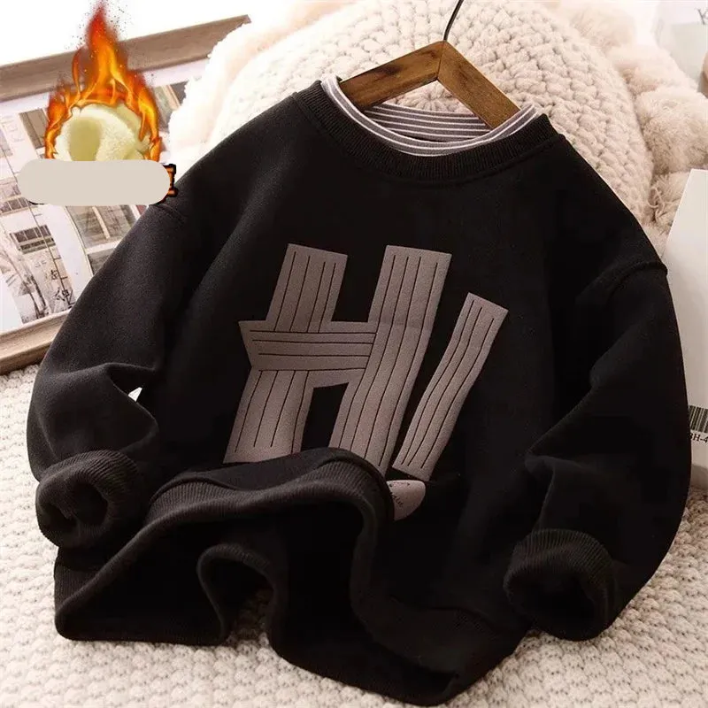 "HI" Letter Printed Kids Boys Warm Fleece Sweatshirts
