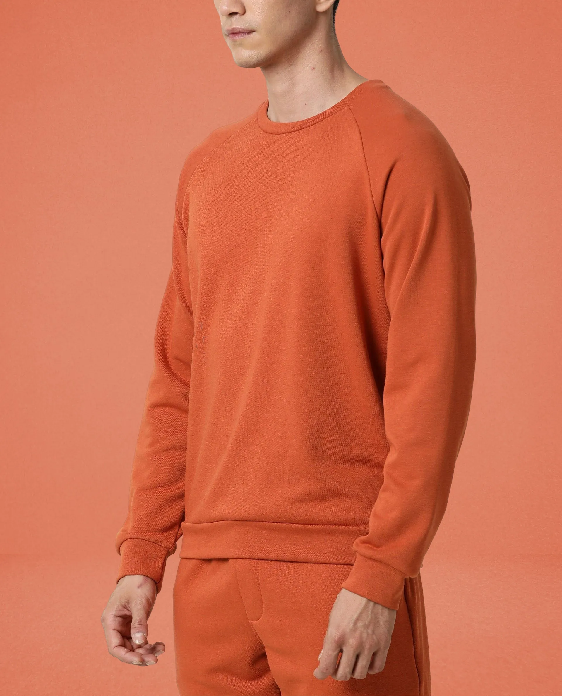 Rare Rabbit Articale Men's Arum Tangy Orange Cotton Fabric Full Sleeves Solid Sweatshirt