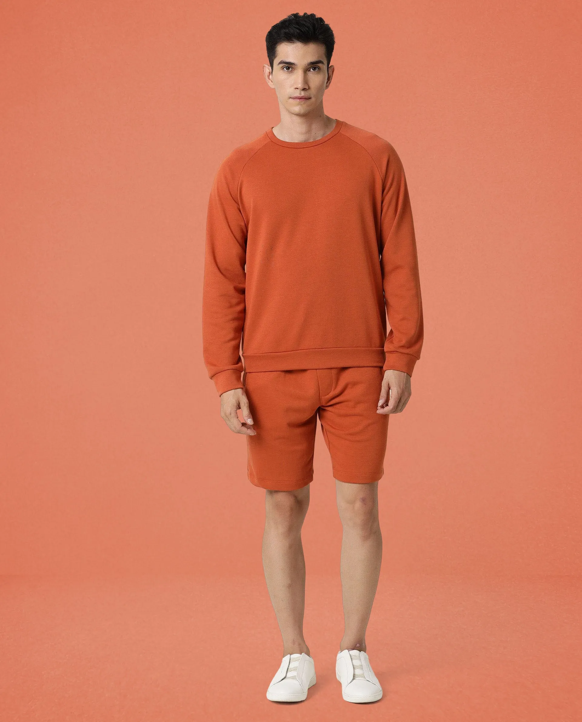 Rare Rabbit Articale Men's Arum Tangy Orange Cotton Fabric Full Sleeves Solid Sweatshirt