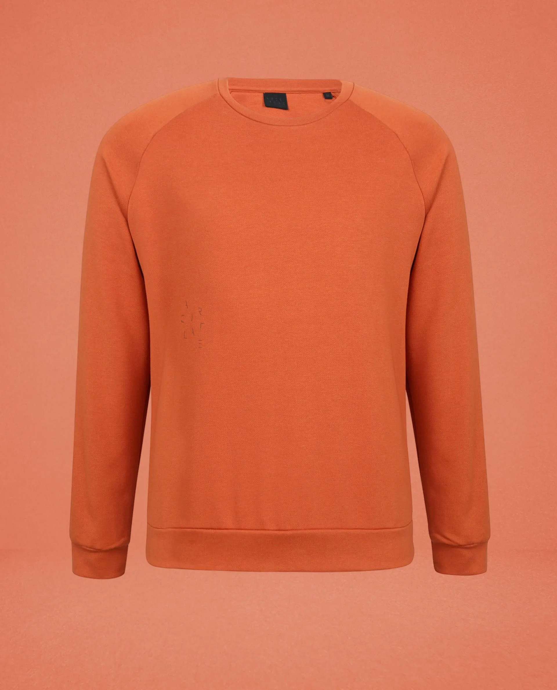 Rare Rabbit Articale Men's Arum Tangy Orange Cotton Fabric Full Sleeves Solid Sweatshirt