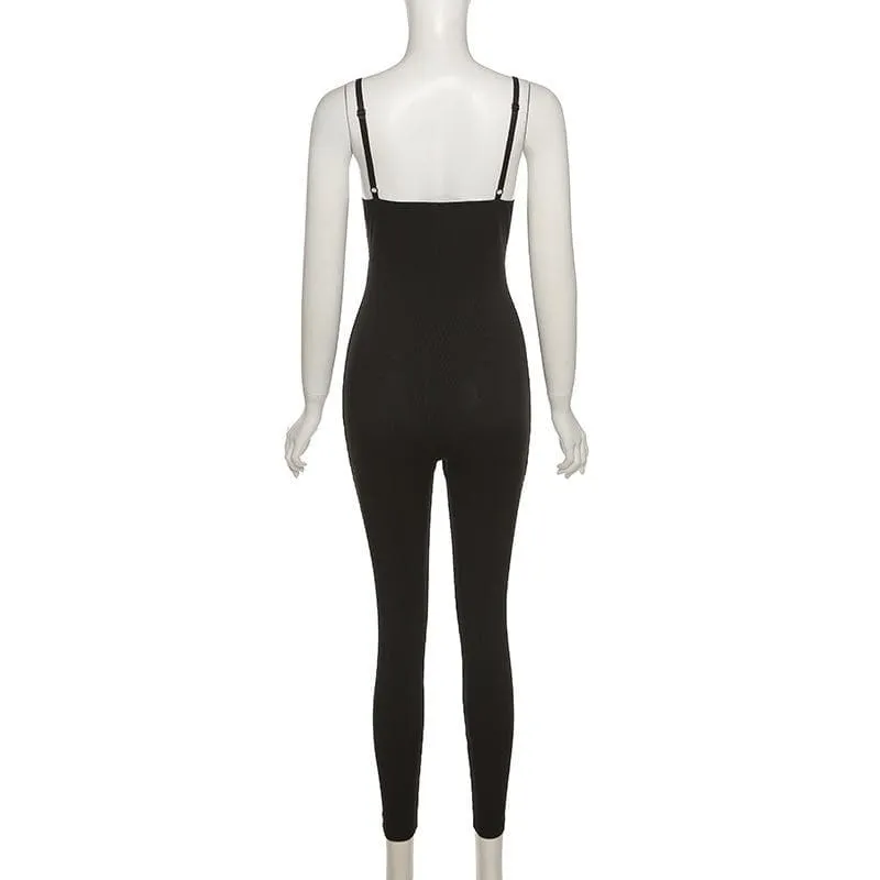 Ribbed v neck backless solid cami jumpsuit- Final Sale