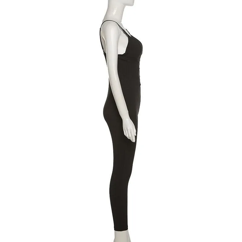 Ribbed v neck backless solid cami jumpsuit- Final Sale