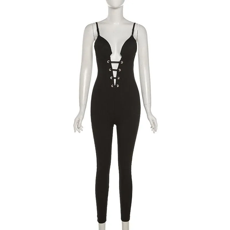 Ribbed v neck backless solid cami jumpsuit- Final Sale