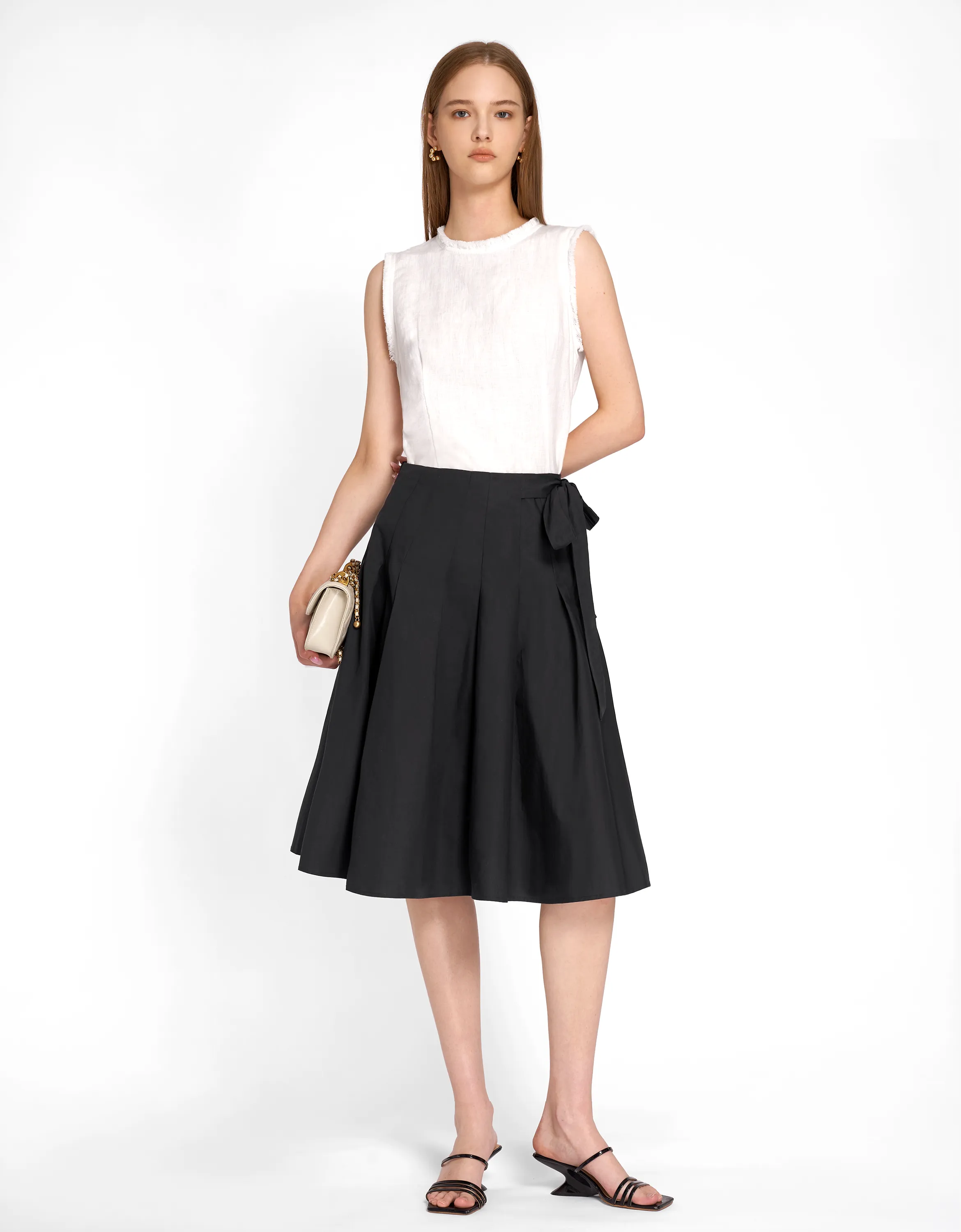 Self-tie Side Pleated Skirt