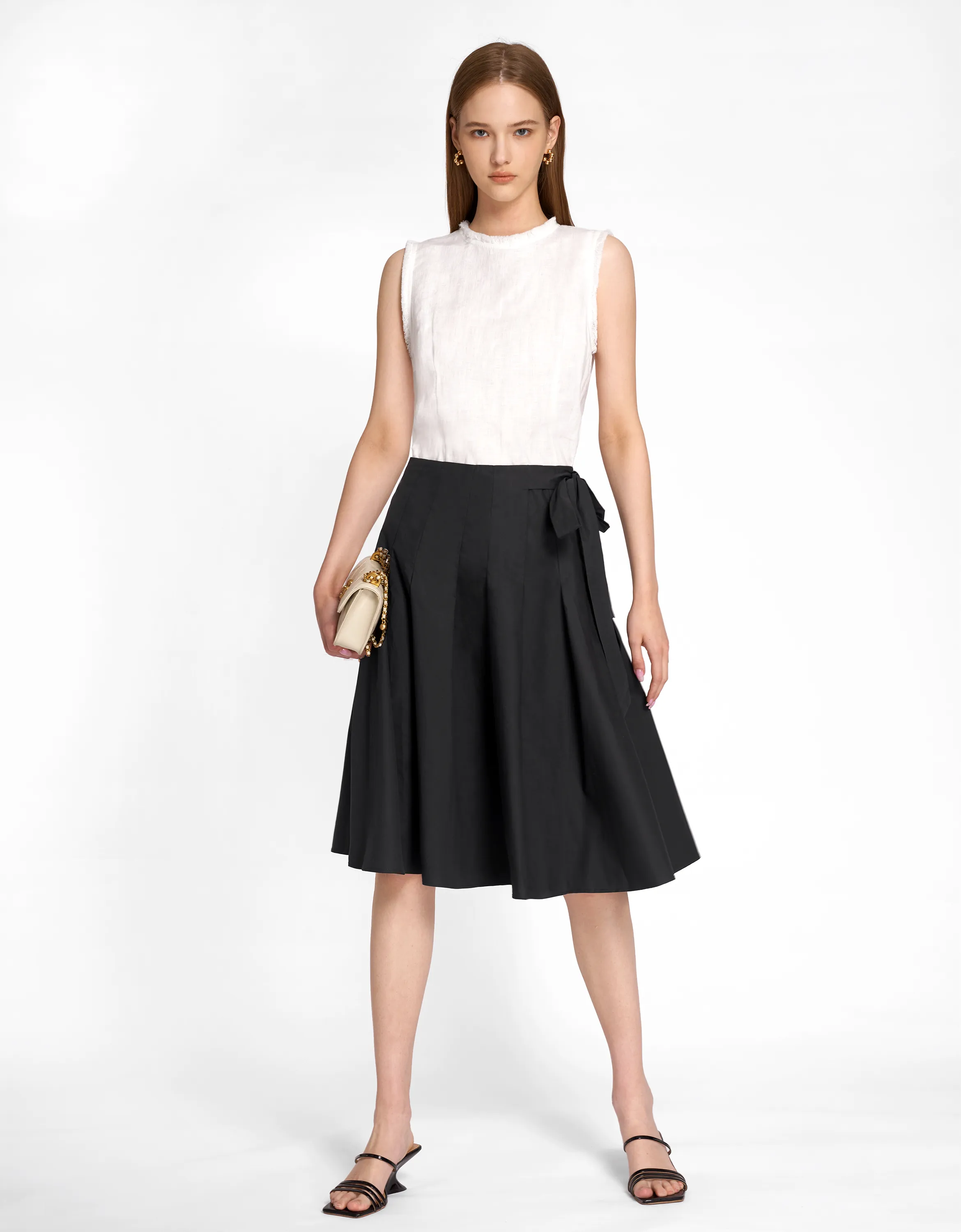 Self-tie Side Pleated Skirt