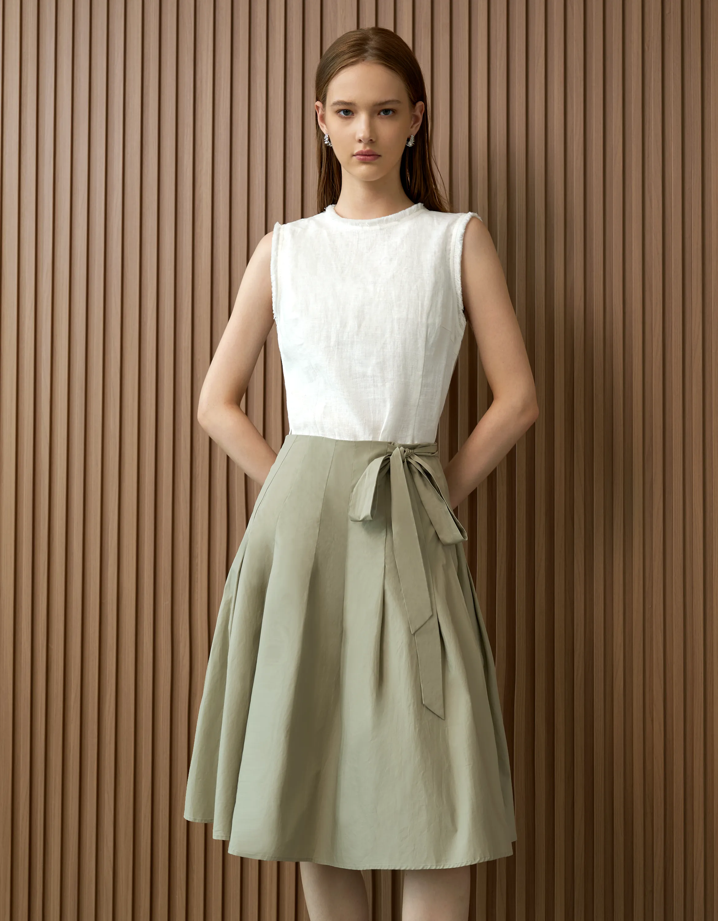 Self-tie Side Pleated Skirt