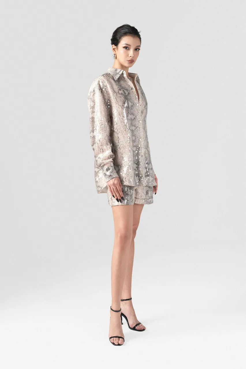 Sequin Shirt and Snakeskin Short Pants Set
