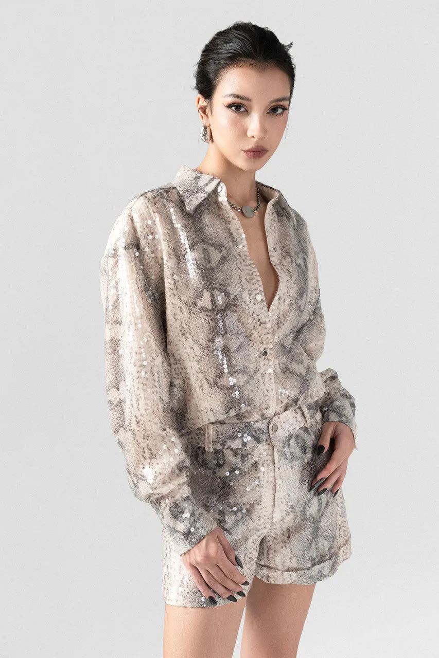 Sequin Shirt and Snakeskin Short Pants Set