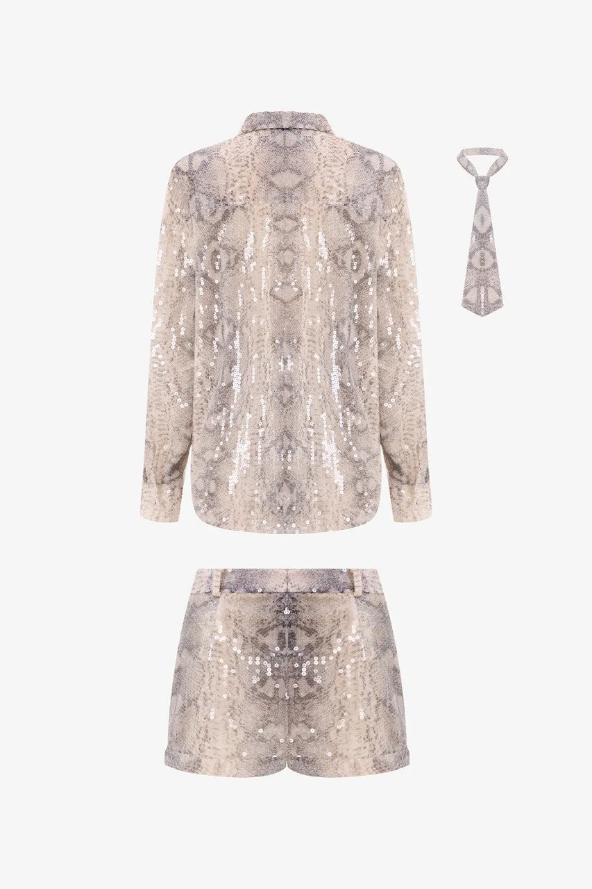 Sequin Shirt and Snakeskin Short Pants Set