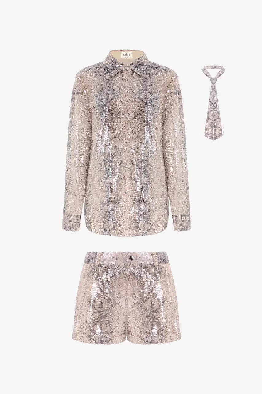 Sequin Shirt and Snakeskin Short Pants Set