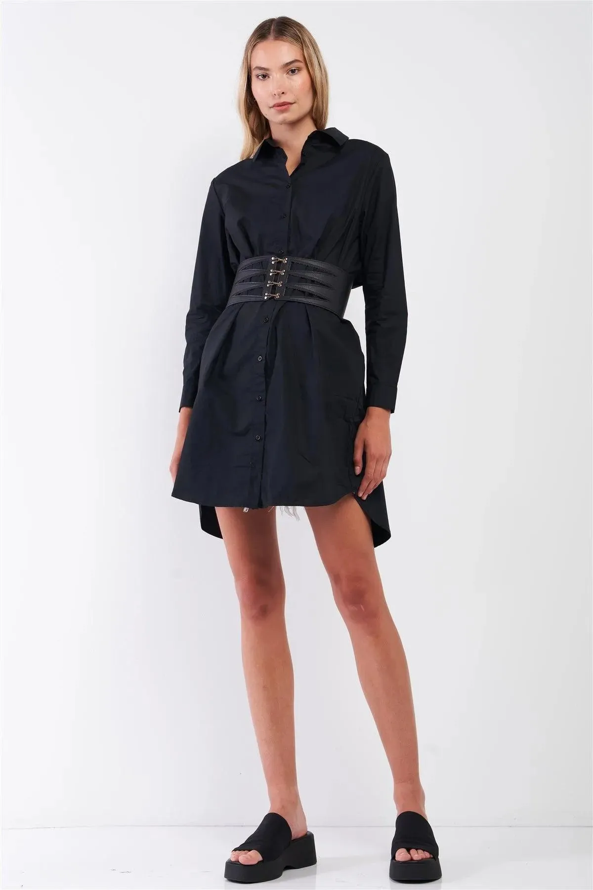 Solid Black Cotton Long Sleeve Front Button Down Back Slit Dress-Shirt Top /1-2-2