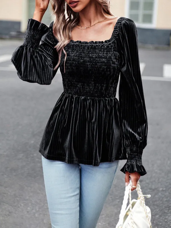 Velvet Blouse with Dramatic Lantern Sleeves, Smocked & Ruffle Cuffs