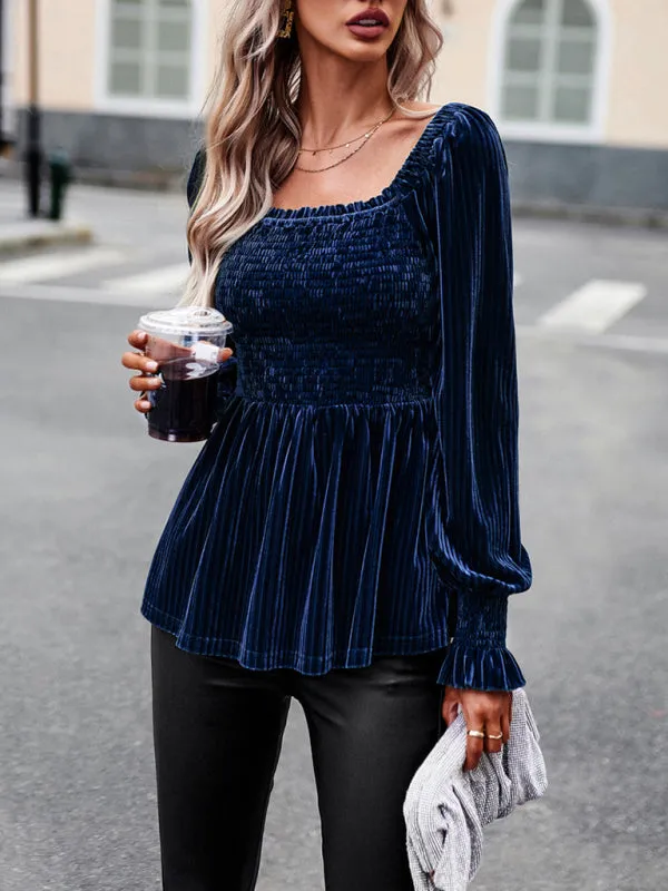 Velvet Blouse with Dramatic Lantern Sleeves, Smocked & Ruffle Cuffs