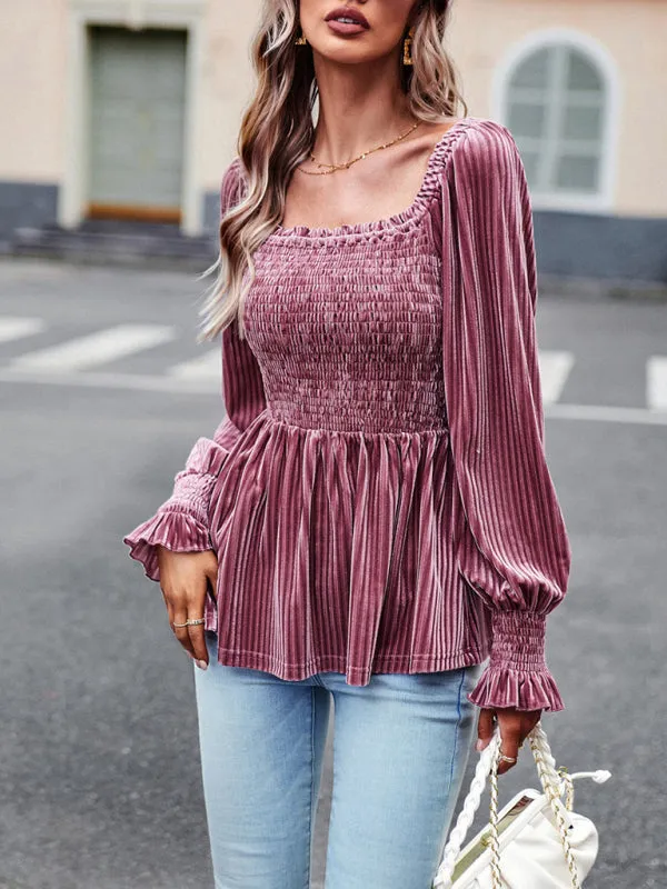 Velvet Blouse with Dramatic Lantern Sleeves, Smocked & Ruffle Cuffs