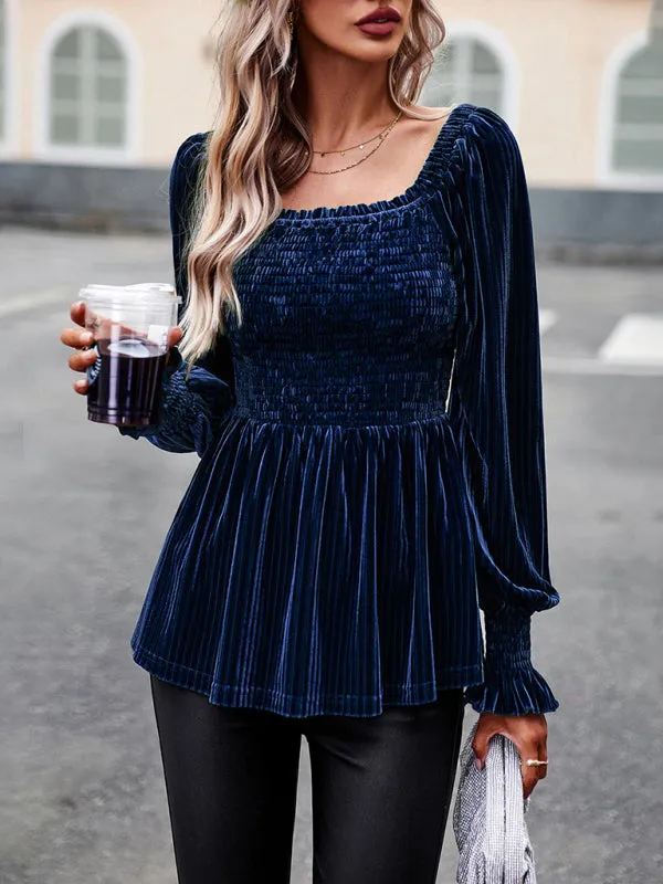 Velvet Blouse with Dramatic Lantern Sleeves, Smocked & Ruffle Cuffs