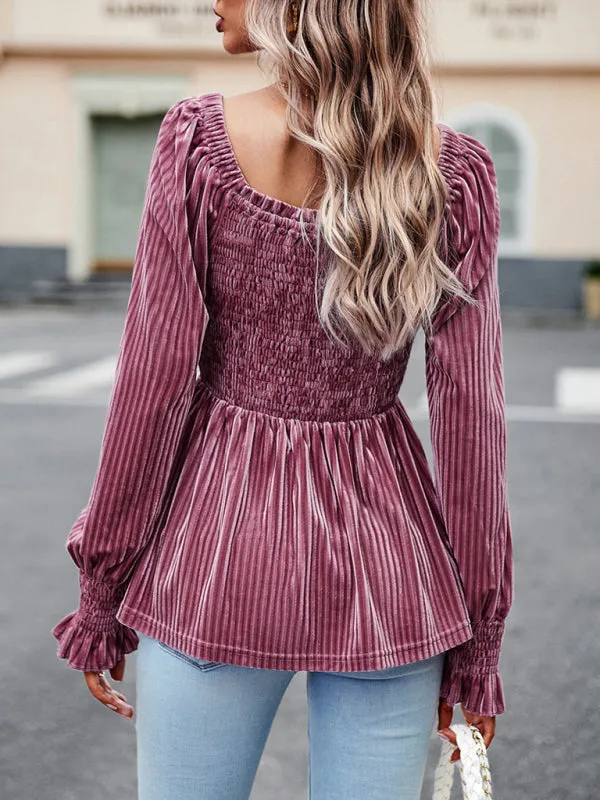 Velvet Blouse with Dramatic Lantern Sleeves, Smocked & Ruffle Cuffs
